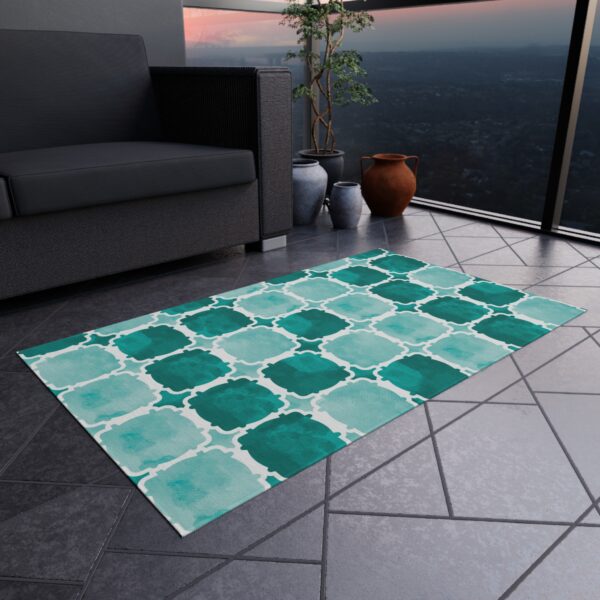 Teal and Aqua Quatrefoil Outdoor Rug - Image 3