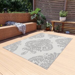 Grey Damask Outdoor Rug