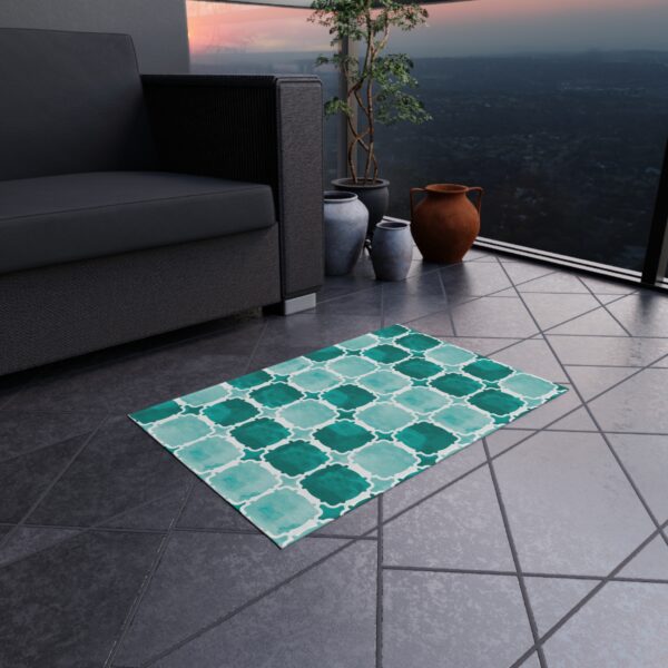 Teal and Aqua Quatrefoil Outdoor Rug - Image 2
