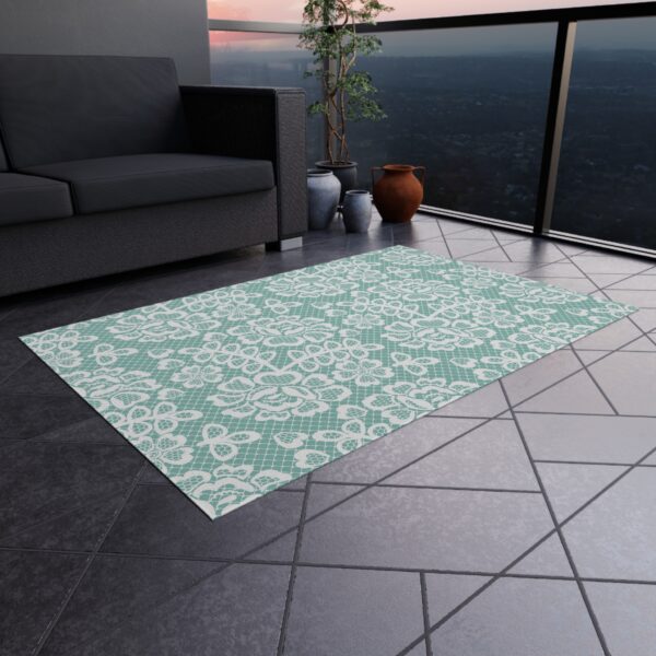 Teal and White Lace Pattern Outdoor Rug - Image 4