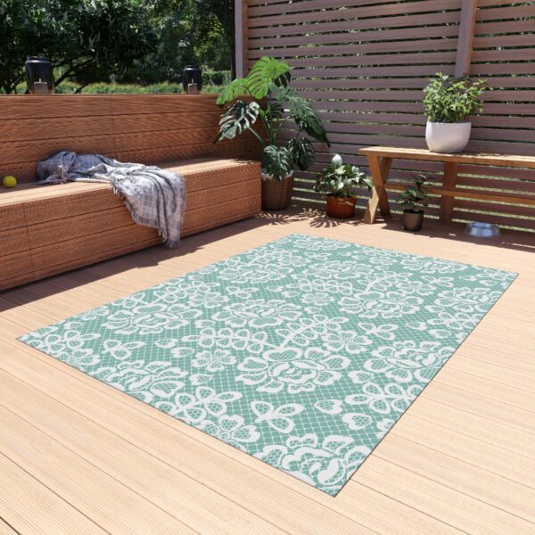 Teal and White Lace Pattern Outdoor Rug