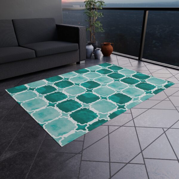 Teal and Aqua Quatrefoil Outdoor Rug - Image 5