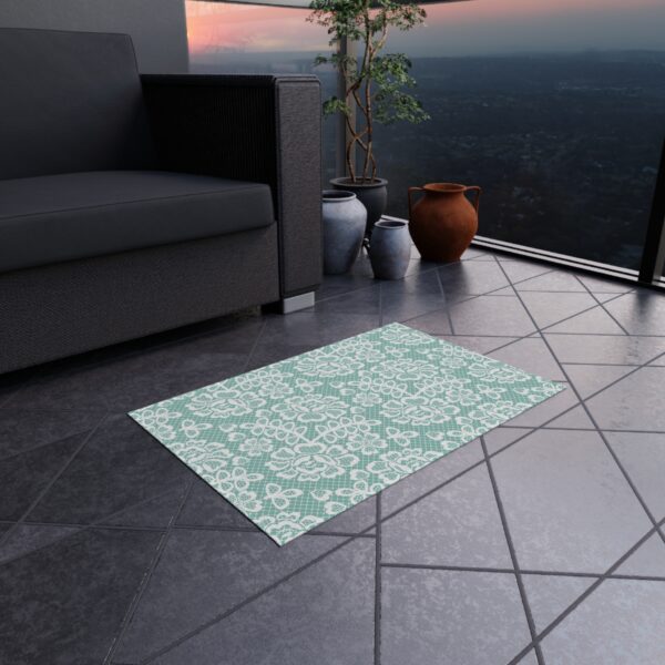 Teal and White Lace Pattern Outdoor Rug - Image 2