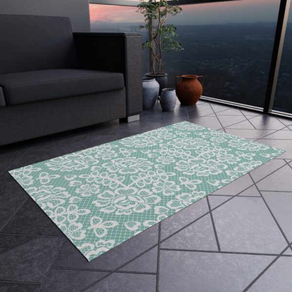 Teal and White Lace Pattern Outdoor Rug - Image 3
