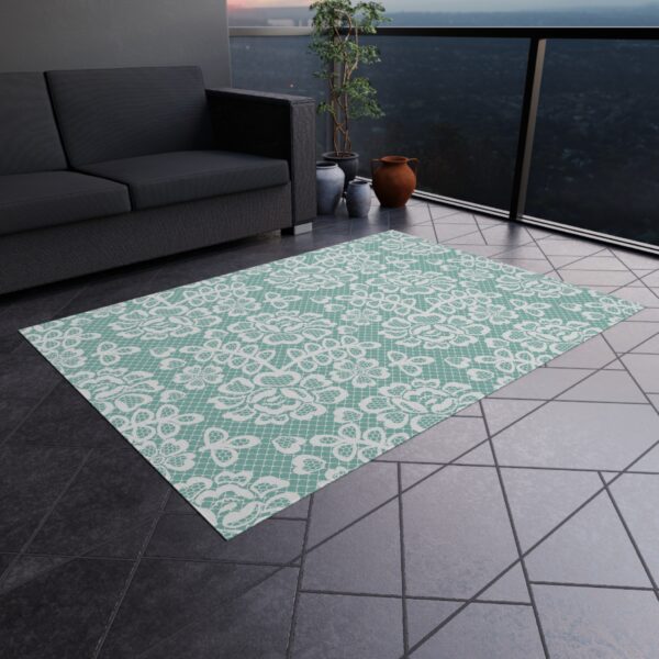 Teal and White Lace Pattern Outdoor Rug - Image 5