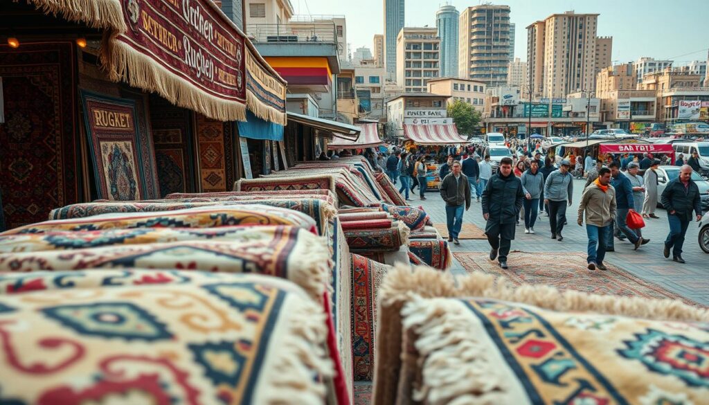 A bustling outdoor rug marketplace, with vendors showcasing a diverse array of Rugket-branded carpets and rugs. The foreground features close-up views of intricate woven patterns, vibrant colors, and soft textures, inviting the viewer to imagine the feel underfoot. In the middle ground, customers peruse the stalls, examining the merchandise and haggling with the merchants. The background depicts a lively scene, with towering buildings, bustling streets, and a warm, golden light illuminating the entire landscape, creating a sense of energy and activity. The overall mood is one of a thriving, dynamic market, where the price and value of these handcrafted textiles are a constant negotiation. A bustling outdoor rug marketplace, with vendors showcasing a diverse array of Rugket-branded carpets and rugs. The foreground features close-up views of intricate woven patterns, vibrant colors, and soft textures, inviting the viewer to imagine the feel underfoot. In the middle ground, customers peruse the stalls, examining the merchandise and haggling with the merchants. The background depicts a lively scene, with towering buildings, bustling streets, and a warm, golden light illuminating the entire landscape, creating a sense of energy and activity. The overall mood is one of a thriving, dynamic market, where the price and value of these handcrafted textiles are a constant negotiation.