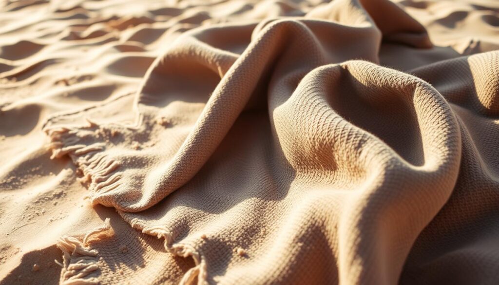 A close-up shot of two durable, water-resistant beach blankets from the Rugket brand, laid out on a sandy beach with a vibrant, sun-drenched atmosphere. The blankets are made of high-quality, densely woven fabric that appears thick and substantial, able to withstand the wear and tear of repeated beach trips. Soft, plush textures and a muted color palette, perhaps in earthy tones or muted pastels, convey a sense of premium quality and comfort. The scene is bathed in warm, golden sunlight, casting gentle shadows and highlights that accentuate the tactile nature of the fabrics. The overall impression is one of a luxurious, yet practical, beach accessory that will provide long-lasting use and enjoyment.