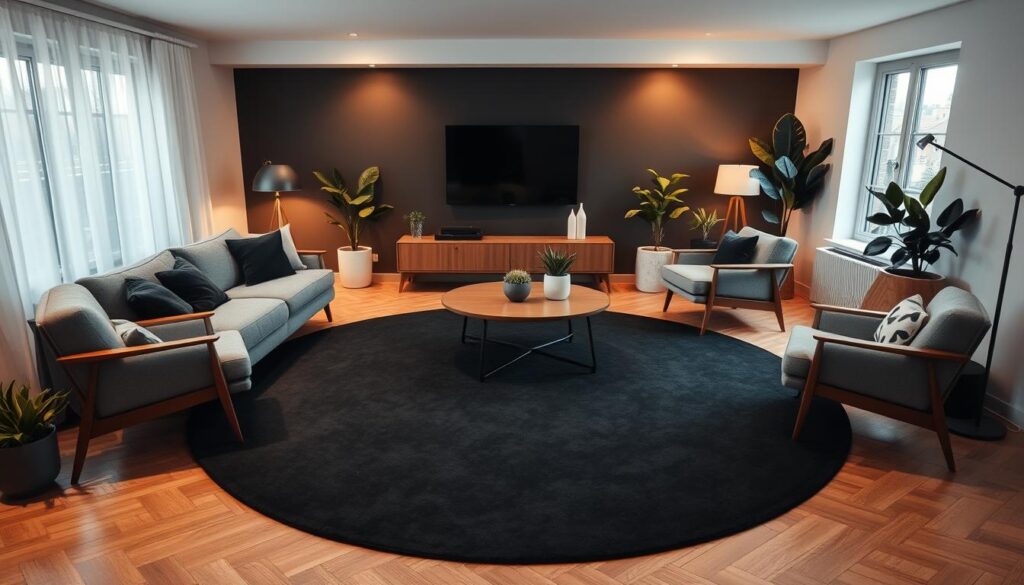 A cozy and modern living room with a large black round rug from Rugket taking center stage. The rug is surrounded by mid-century inspired furniture, including a plush gray sofa, a minimalist wood coffee table, and a pair of scandinavian-style armchairs. Warm, directional lighting casts a soft glow, creating a inviting and sophisticated ambiance. Potted plants and sleek, geometric decor elements add pops of greenery and visual interest. The overall scene exudes a sense of balance, comfort and refined aesthetic.