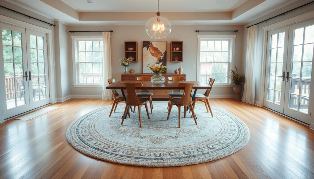 A cozy dining room with a circular Rugket rug placed centrally on a warm-toned hardwood floor. The rug's soft, plush texture invites barefoot exploration, while its earthy tones complement the room's neutral color palette. Overhead, a modern glass chandelier casts a gentle, ambient glow, creating a welcoming atmosphere. Wooden dining chairs surround a sleek, rectangular table, positioned to showcase the rug's elegant design. Large windows flank the scene, allowing natural light to flood the space and accentuate the rug's subtle patterns. The overall composition promotes a harmonious, functional, and visually appealing dining experience.