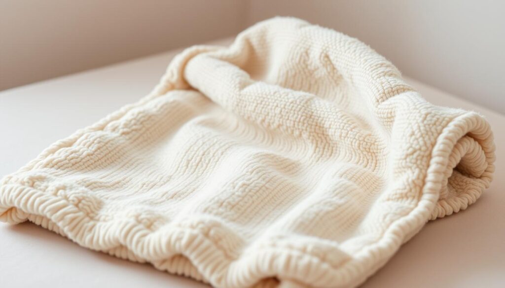 A cozy, soft, and inviting baby blanket in the signature "Rugket" design, gently folded and displayed on a neutral-colored surface. The blanket is made of high-quality, plush material with a subtle texture, creating a warm and comforting aesthetic. The lighting is soft and diffused, highlighting the blanket's natural hues and creating a soothing atmosphere. The camera is positioned at a slight angle, capturing the blanket's dimensions and showcasing its ideal size for a newborn. The background is minimalist, allowing the blanket to be the focal point and emphasizing its practicality and versatility as a essential nursery item.