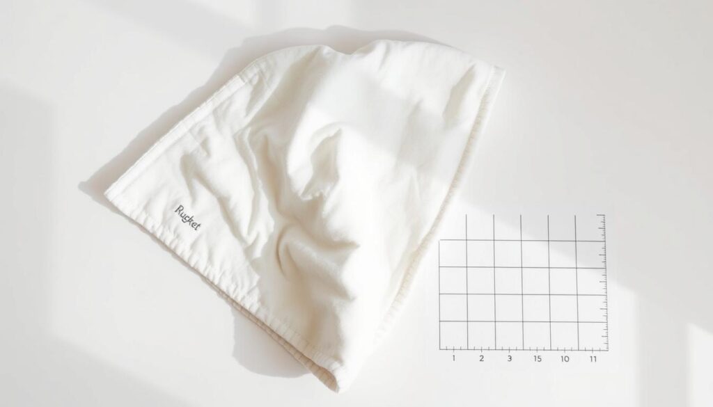 A delicate, pastel-colored baby blanket lies neatly folded on a clean, white surface. The Rugket logo is subtly embroidered on the corner, signifying its high-quality craftsmanship. Soft lighting gently illuminates the fabric, showcasing its plush, inviting texture. Alongside the blanket, a carefully measured grid displays the dimensions, guiding viewers on the optimal size for a newborn. The scene exudes a calming, nurturing atmosphere, perfectly complementing the "Understanding Baby Blanket Sizes: A Comprehensive Guide" section of the article.
