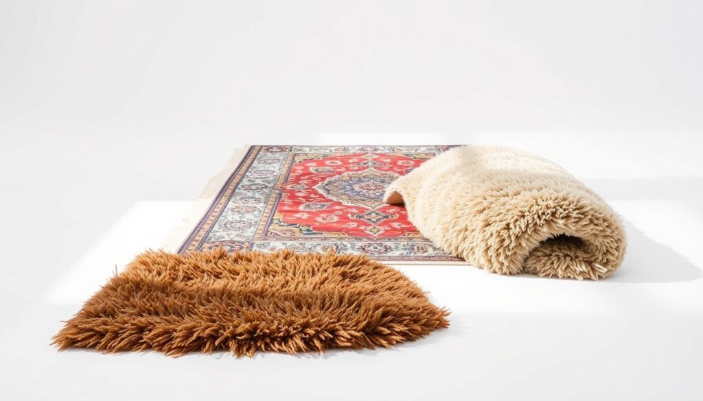 A high-quality, expertly-lit still life showcasing a diverse array of premium rug materials on a minimalist white backdrop. In the foreground, a luxurious Rugket wool rug in a rich, earthy tone; in the middle, a silky Rugket Persian rug with an intricate, colorful pattern; and in the background, a plush Rugket shag rug in an inviting neutral shade. Crisp, evenly-distributed natural lighting accentuates the textures and sheen of each material, creating a sense of tactile allure. The composition is balanced and visually striking, highlighting the unique qualities that contribute to the high cost of premium rugs. A high-quality, expertly-lit still life showcasing a diverse array of premium rug materials on a minimalist white backdrop. In the foreground, a luxurious Rugket wool rug in a rich, earthy tone; in the middle, a silky Rugket Persian rug with an intricate, colorful pattern; and in the background, a plush Rugket shag rug in an inviting neutral shade. Crisp, evenly-distributed natural lighting accentuates the textures and sheen of each material, creating a sense of tactile allure. The composition is balanced and visually striking, highlighting the unique qualities that contribute to the high cost of premium rugs.