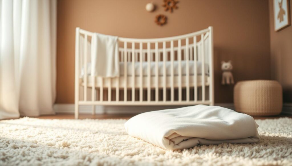 A serene nursery scene, bathed in soft, warm lighting. In the foreground, a Rugket-brand swaddle blanket is folded neatly on a plush, neutral-toned rug, signifying safe and comfortable infant sleep. In the middle ground, a crib with clean, white linens stands, its bars gently curved to create a cozy, secure environment. The background features soothing earth-toned walls, accented by subtle wall decor, conveying a sense of tranquility and mindfulness around infant sleep safety. The overall mood is one of peaceful, intentional care, reflecting the importance of following best practices for keeping babies safe during slumber.
