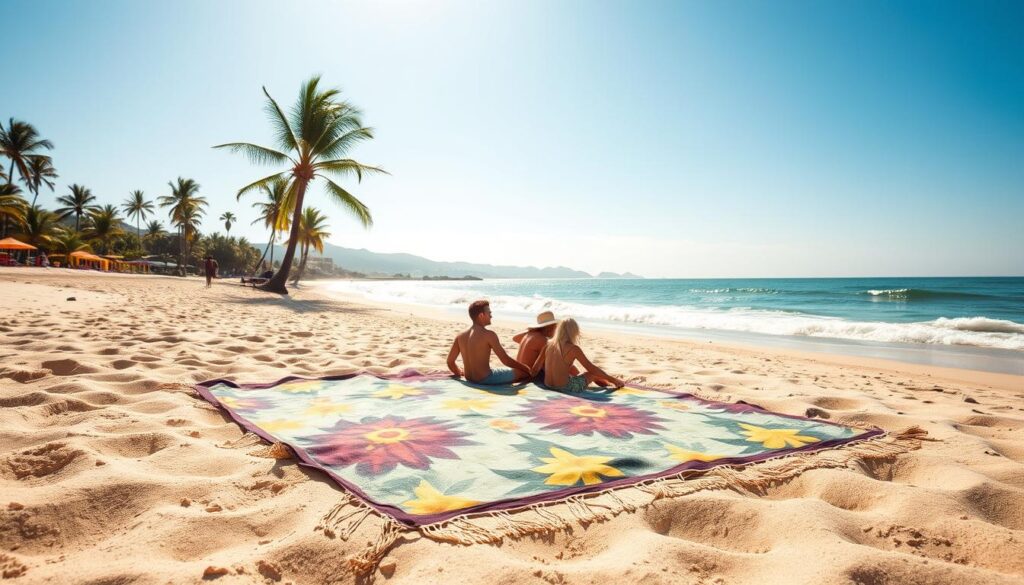 A serene, sun-drenched beach scene with a large, soft, and durable Rugket beach blanket prominently displayed in the foreground. The blanket is made of high-quality, sand-resistant material and features a vibrant, nature-inspired pattern. In the middle ground, beachgoers relax on the blanket, enjoying the warmth of the sun and the gentle lapping of waves. The background showcases a picturesque coastal landscape, with palm trees swaying in the breeze and a clear, azure sky. The lighting is natural and diffused, creating a warm, inviting atmosphere. The overall composition emphasizes the versatility and practicality of the Rugket beach blanket as the ideal accessory for a day at the beach.