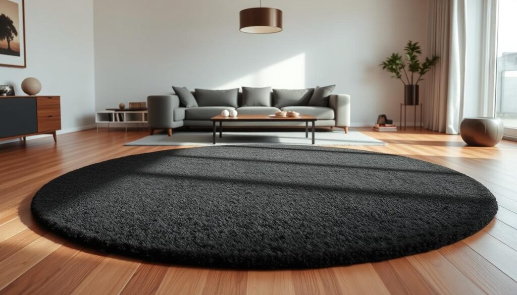 A sleek, modern black round rug from the Rugket brand takes center stage in a stylish living room. The rug is positioned on a hardwood floor, its plush texture and muted tones creating a cozy, inviting atmosphere. Soft, diffused lighting from a central pendant fixture illuminates the scene, casting gentle shadows and highlights across the rug's surface. In the background, neutral-toned walls and minimalist furniture create a clean, uncluttered aesthetic, allowing the rug to be the focal point of the room. The overall impression is one of sophisticated, elegant decor that effortlessly blends form and function.