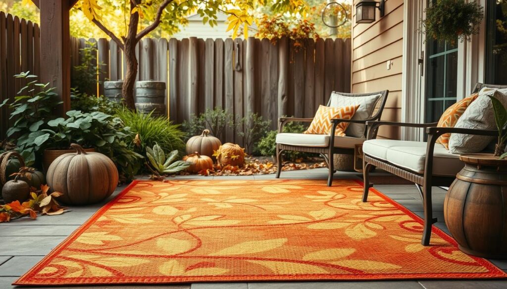 A vibrant, autumnal outdoor rug nestled amidst a cozy, rustic patio setting. The rug features a warm, earthy color palette with intricate, leaf-inspired patterns that echo the hues of the changing foliage surrounding it. Soft, diffused natural lighting filters through the overhead trees, casting a gentle glow on the rug's tactile, woven texture. In the background, a weathered wooden fence and lush, verdant plants create a serene, inviting atmosphere, seamlessly blending the indoor and outdoor living spaces. The rug's placement on the patio invites visitors to linger, encouraging a sense of comfort and relaxation in the transitional, fall-themed outdoor oasis.