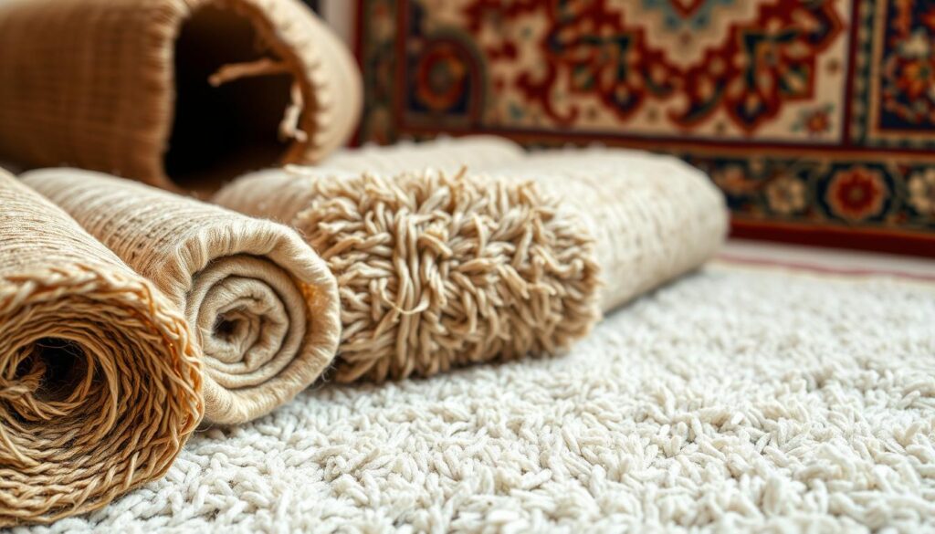 A well-crafted, close-up shot of various durable rug materials arranged in an appealing display. The foreground showcases a selection of high-quality, tightly woven natural fibers, including sisal, jute, and wool, each with a distinct texture and pattern. The middle ground features a plush, stain-resistant synthetic fiber rug labeled "Rugket", while the background subtly highlights the rich colors and sheen of a luxurious, hand-knotted Oriental-style rug. The lighting is soft and diffused, creating a warm, inviting atmosphere that emphasizes the durability and visual appeal of these versatile rug materials.