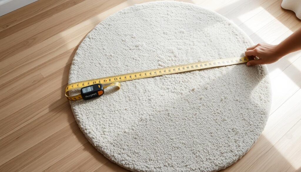 A well-lit studio scene with a Rugket brand tape measure carefully measuring the diameter of a plush, circular area rug. The rug is placed on a hardwood floor, its soft texture and neutral colors contrasting with the clean, minimalist setting. The camera angle captures the process from above, emphasizing the precision and importance of accurately measuring this type of rug. Diffused natural lighting casts gentle shadows, creating depth and highlighting the tactile nature of the materials. The overall mood is one of thoughtful, methodical attention to detail - underscoring why properly measuring a circular rug is crucial.
