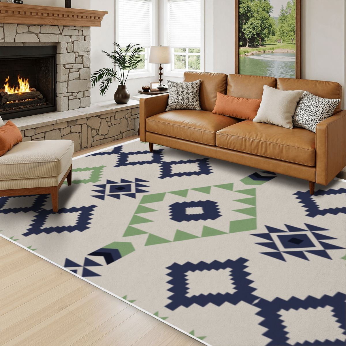 Blue and Green Tribal Pattern Rug