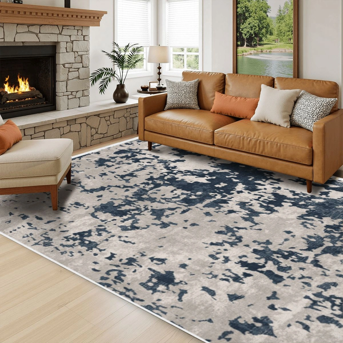 Celestial Blue Abstract Washable Rug - Image 6